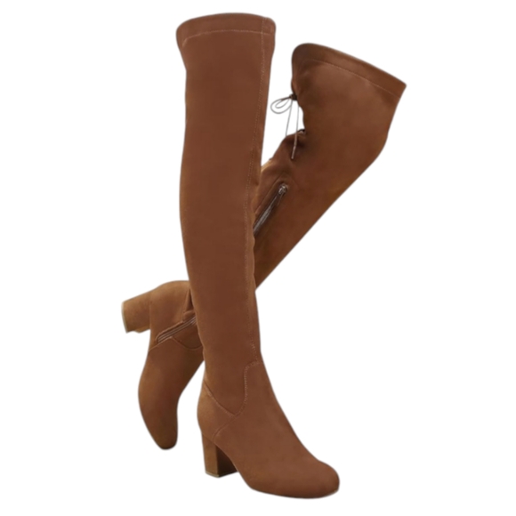 Shoes - Women's Suede Over The Knee Block Heeled Camel Boots With Lace Up Back Size 8